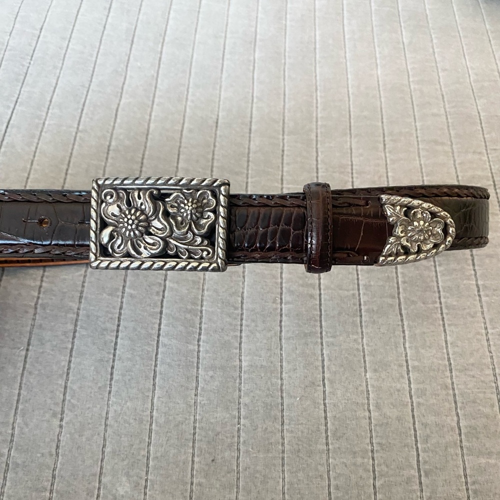 Brighton Leather Belt Silver Tone Floral Buckle Croc Embossed Brown Size M 30